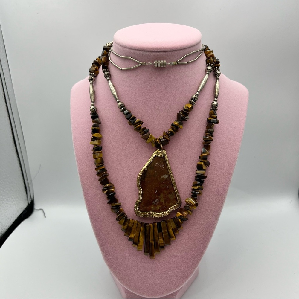 Unisex Two layer tigers eye and silver tone Necklace
